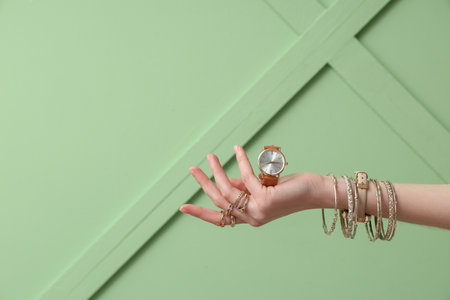 Female hand with wristwatch and golden jewelry on green backgroundの写真素材