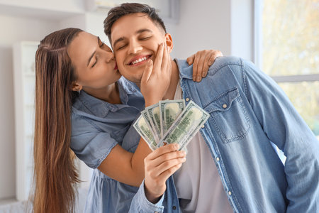 Young woman kissing her husband with money at homeの写真素材