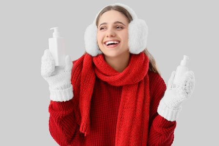 Happy woman in winter clothes and with cosmetic cream on gray backgroundの写真素材