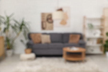 Interior of modern room with cozy sofa, coffee table and houseplant. Blurred viewの写真素材