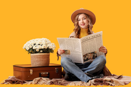 Fashionable young woman with beautiful chrysanthemum flowers reading newspaper on yellow background