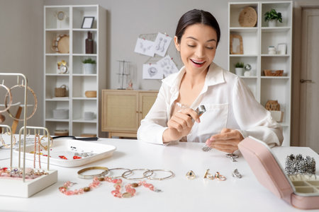 Female jewelry designer examining adornment in workshopの写真素材