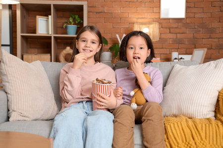 Cute girls with popcorn watching cartoons on sofa at homeの写真素材