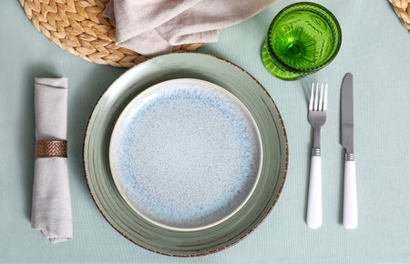 Stylish table setting for dinner, top view