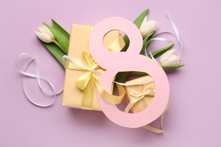 Paper figure 8 with gift boxes and tulips on lilac background. Happy Women's Day