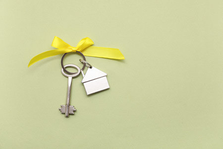 Key from house with bow on green background
