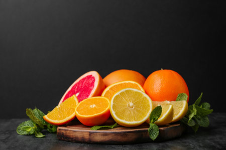 Wooden board with different citrus fruits and mint on black backgroundの写真素材