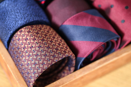 Box with men's neckties on table, closeup