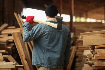 Male carpenter with ax at sawmill, back view