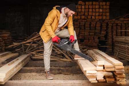 Male carpenter sawing wooden board at sawmill