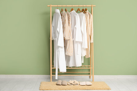 Rack with pajamas, robes and slippers near green wall in roomの写真素材