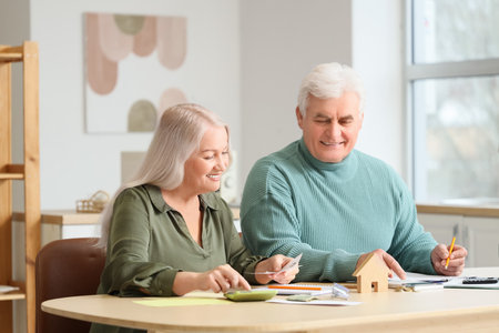 Senior man with his wife calculating utility bills in kitchenの写真素材