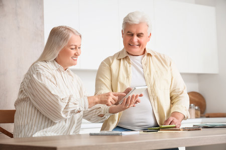 Senior couple calculating utility bills in kitchenの写真素材