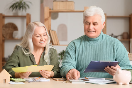 Senior man with his wife calculating utility bills in kitchenの写真素材