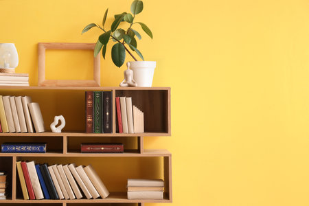 Bookshelf with lamp and decor near yellow wallの写真素材