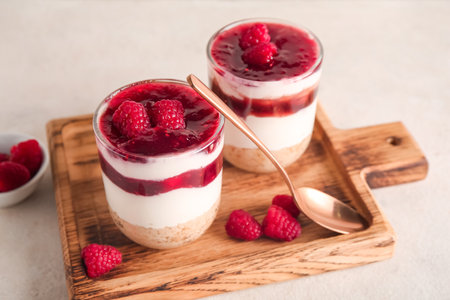 Delicious raspberry cheesecake on white backgroundの写真素材