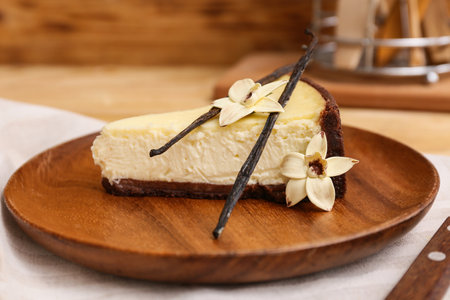 Plate with piece of sweet vanilla cheesecake on wooden backgroundの写真素材