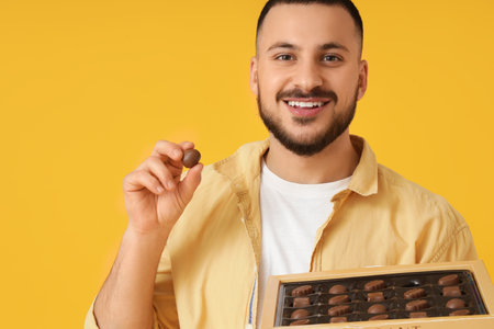 Young man with box of chocolates on yellow background, closeupの写真素材