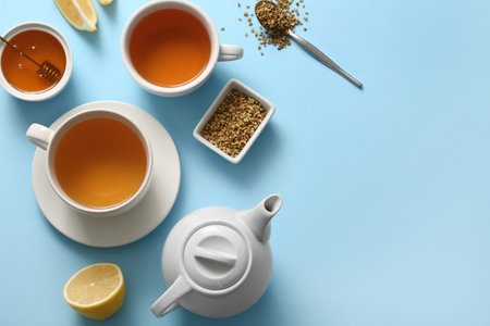 Cups of hot buckwheat tea, lemon, teapot and bowl with honey on blue backgroundの写真素材