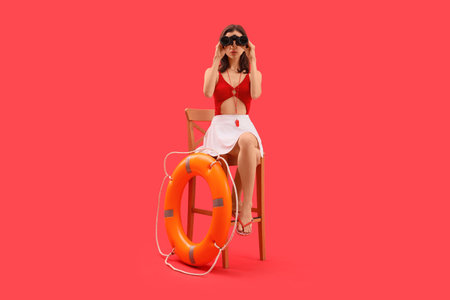 Female lifeguard with rescue ring looking through binoculars in chair on red backgroundの写真素材