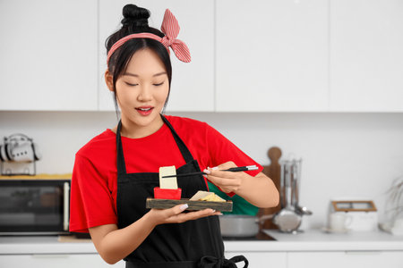 Young Asian woman eating tasty tofu with sauce in kitchenの写真素材