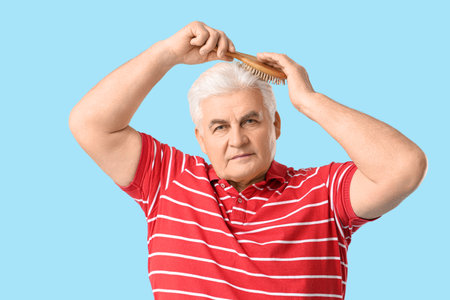 Senior man brushing hair on blue background. Hair loss conceptの写真素材
