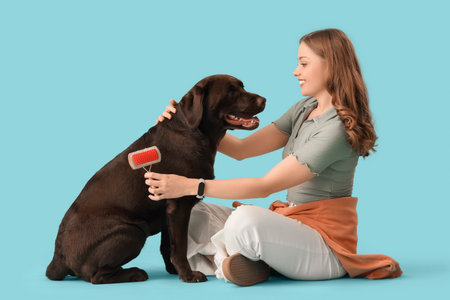 Young woman with pet brush and her cute dog on blue backgroundの写真素材