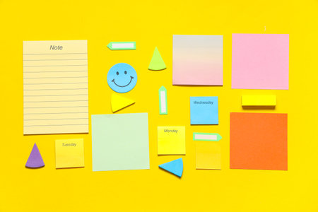Different blank sticky notes on yellow backgroundの写真素材