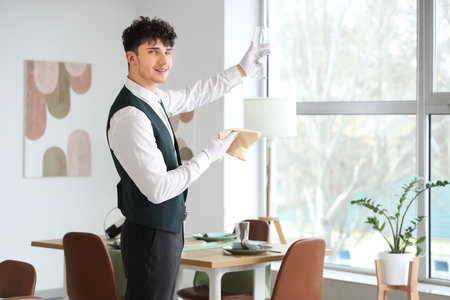 Male waiter cleaning glass in restaurantの写真素材