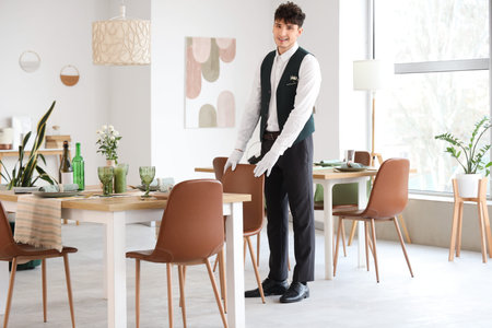 Male waiter pulling up chair in restaurant