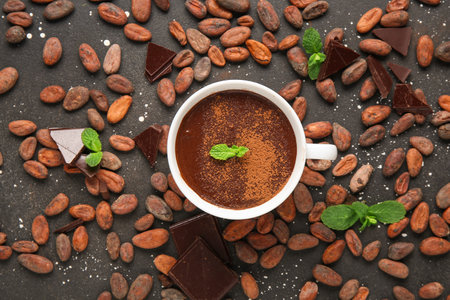 Cup of hot chocolate with mint leaves and cocoa beans on black grunge backgroundの写真素材