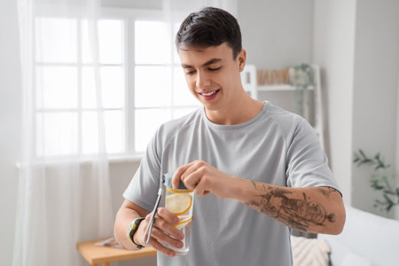 Sporty young man with bottle of lemon infused water at homeの写真素材