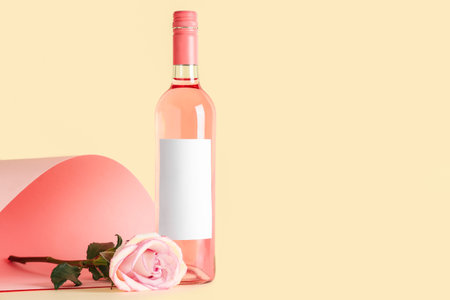 Bottle of pink wine and beautiful rose on colorful backgroundの写真素材