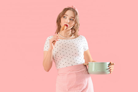 Thoughtful pin-up housewife with spoon and cooking pot on pink background