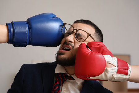 Young businessman getting hit in his face with boxing gloves at office, closeup. Knockout conceptの写真素材