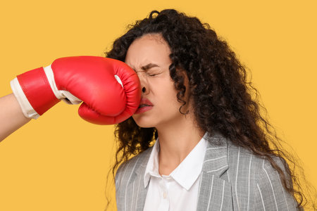 Young African-American businesswoman getting hit in her face with boxing glove on yellow background. Knockout conceptの写真素材