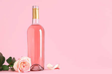 Bottle of pink wine and beautiful rose on color backgroundの写真素材