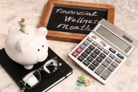 Piggy bank, notebook, calculator and chalkboard with text FINANCIAL WELLNESS MONTH on grunge backgroundの写真素材