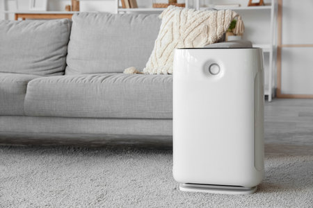 Air purifier near sofa in living roomの写真素材
