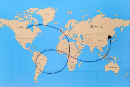 Thread on world map, top view. Itinerary concept