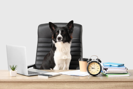 Cute Border Collie dog with laptop and alarm clock at table on light background. Time management conceptの写真素材