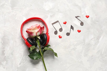 Beautiful composition with rose flower, headphones, paper music notes and hearts on white grunge backgroundの写真素材