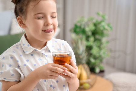 Cute little girl with juice at home, closeupの写真素材