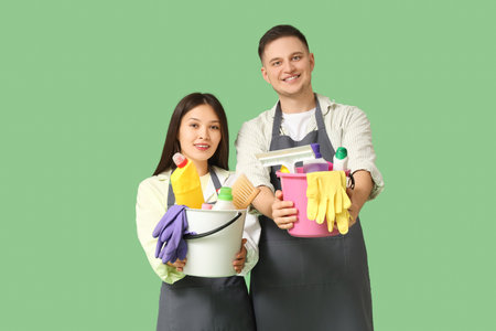 Cute young couple with cleaning supplies on green backgroundの写真素材