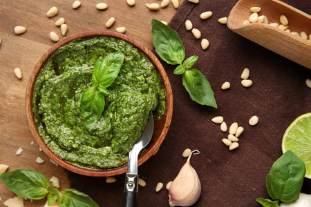 Bowl of delicious pesto sauce with spoon and ingredients on wooden backgroundの写真素材