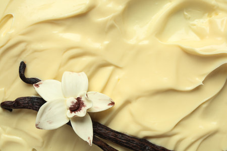 Texture of tasty vanilla pudding, sticks and flower, closeupの写真素材