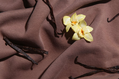 Aromatic vanilla sticks and flowers on dark fabricの写真素材