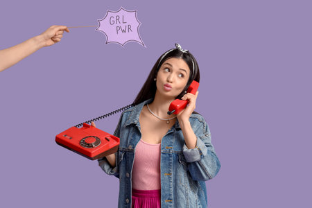 Young pin-up woman with sign talking by telephone on lilac background. Women's History Monthの写真素材