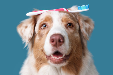 Cute Australian Shepherd dog with toothbrush on blue background, closeup. Pet Dental Health Monthの写真素材