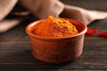 Bowl with red chili powder on wooden backgroundの写真素材